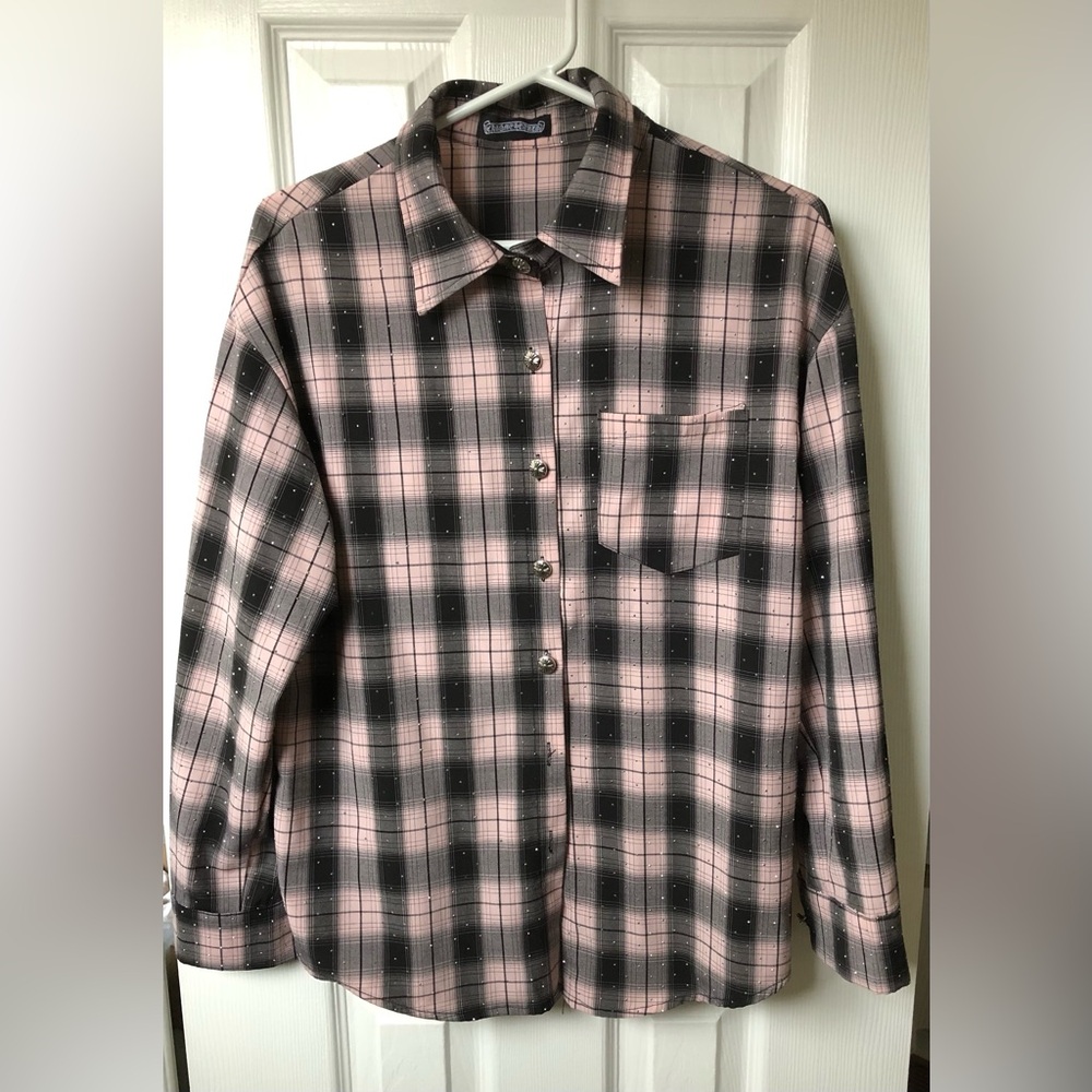 Chrome Hearts Women’s Plaid Shirt w/ Sparkle Soft Black/Gray and Pink Size Large